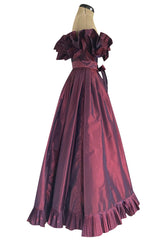 1970s Victor Costa Iridescent Deep Burgundy Purple Silk Taffeta Dress with Strapless Ruffled Neckline