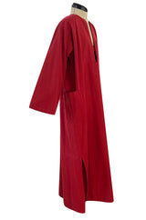Late 1970s- Early 1980s Lanvin Rust Coloured Cotton Caftan Dress w Plunge Front & Side Pockets