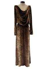 Important Spring 1993 Yves Saint Laurent Runway Draped Neckline Panne Velvet Leopard Print Dress