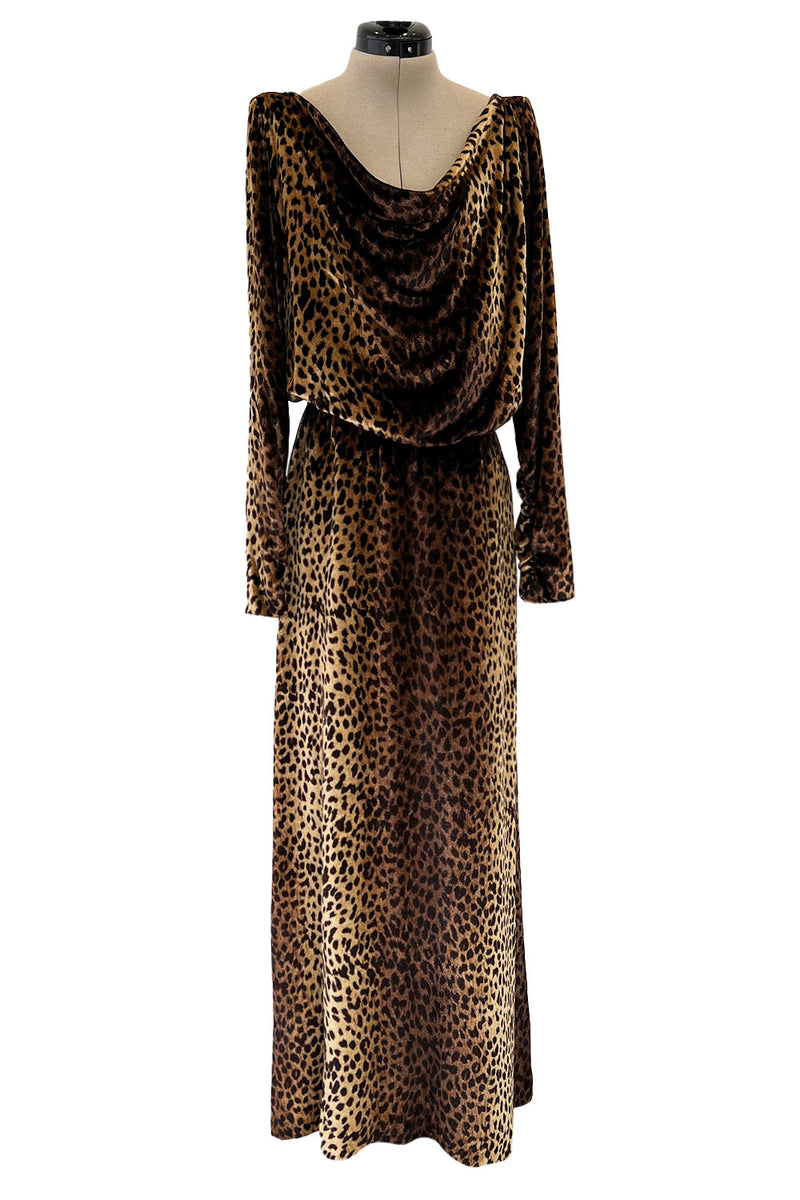 Important Spring 1993 Yves Saint Laurent Runway Draped Neckline Panne Velvet Leopard Print Dress