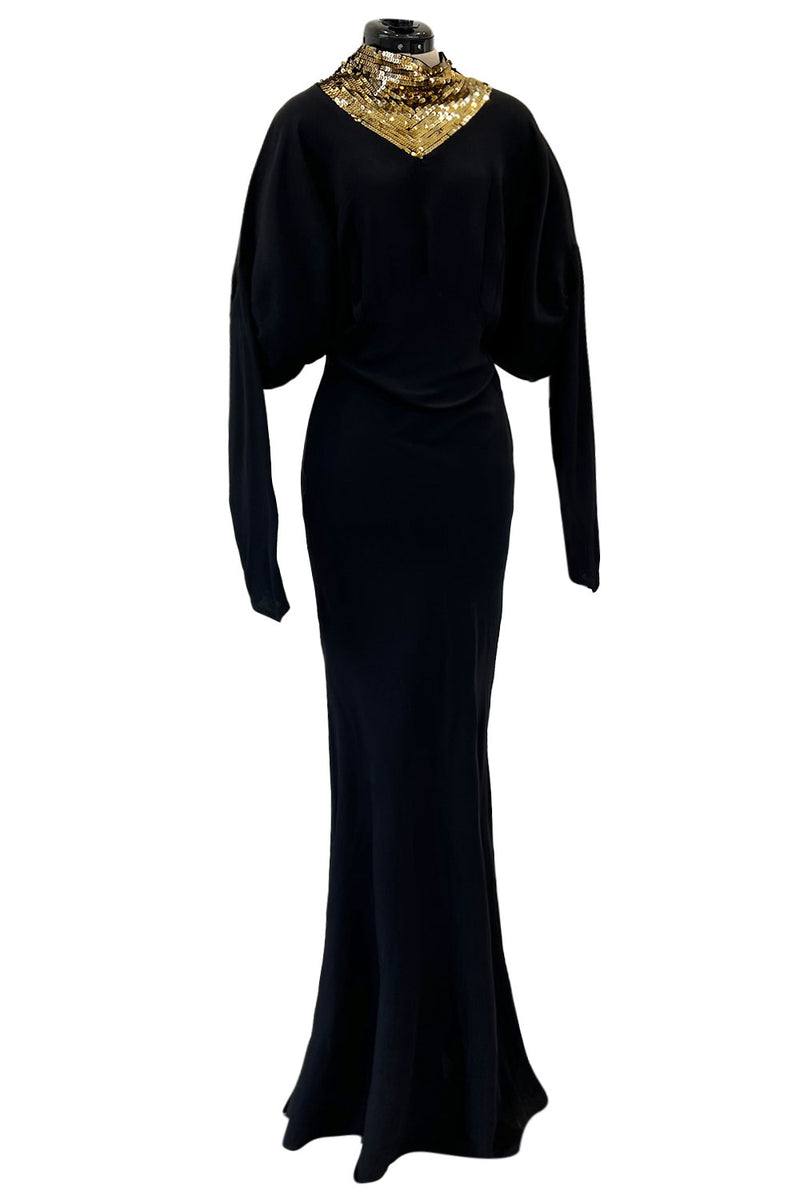 Fabulous 1930s Bias Cut Black Crepe w Gold Sequin Collar and Gold Meta Shrimpton Couture Fabulous 1930s Bias Cut Black Crepe w Gold Sequin Collar and Gold Meta Shrimpton Couture
