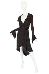 1990s Chocolate Givenchy Wrapped Ruffled Jersey Dress