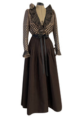 Incredible 1980s Unlabeled Haute Couture Silk Net & Brown Silk Taffeta Plunge Front Dress