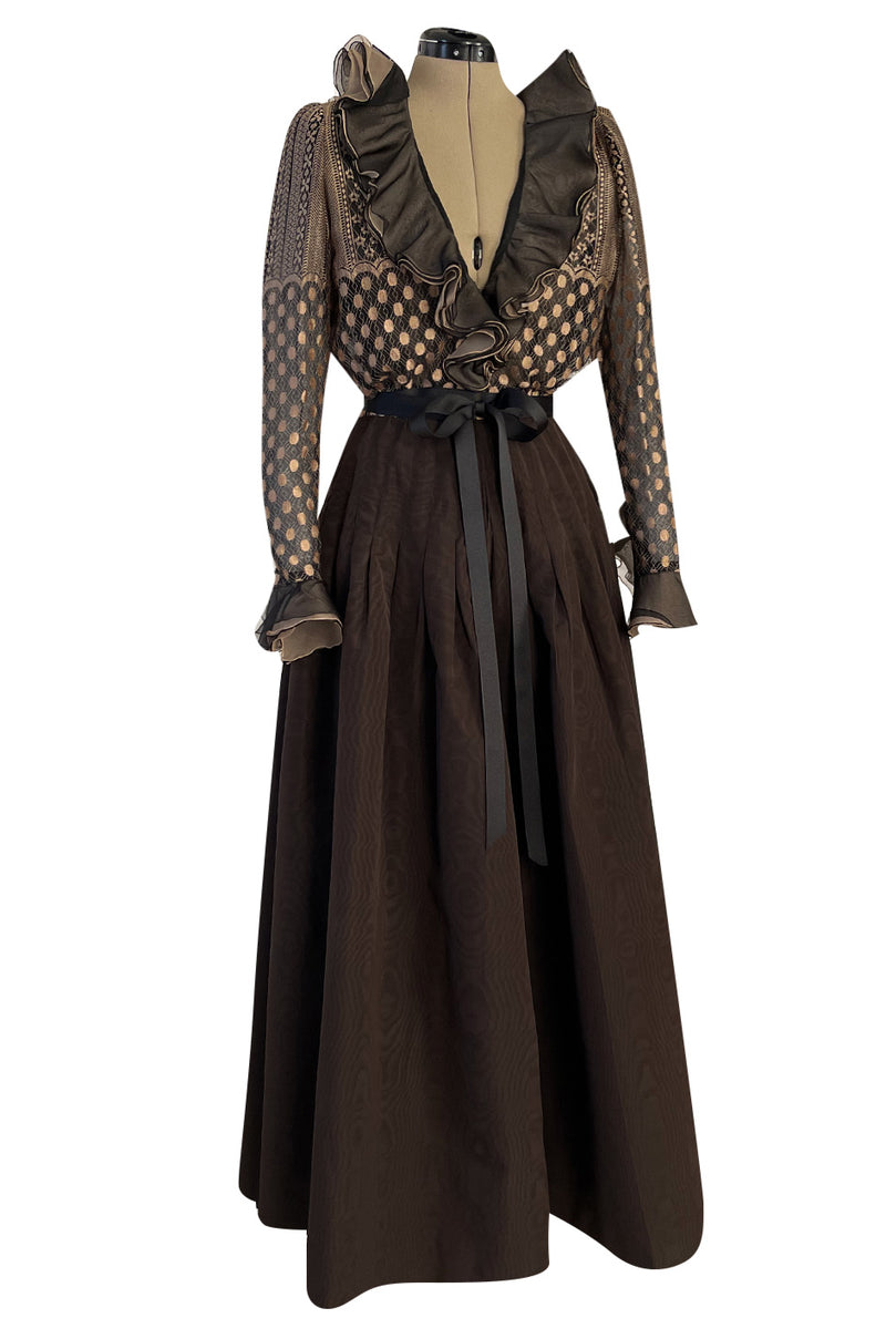 Incredible 1980s Unlabeled Haute Couture Silk Net & Brown Silk Taffeta Plunge Front Dress