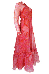 c.1976 Nina Ricci Silk Voile Pink Paisley Print Ruffle Trim Dress