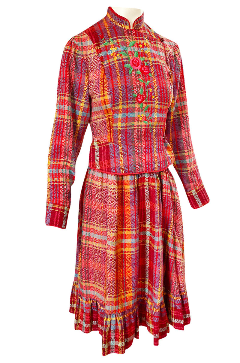 Rare 1970s Kenzo Woven and Floral Embroidered Jacket & Skirt Suit Set