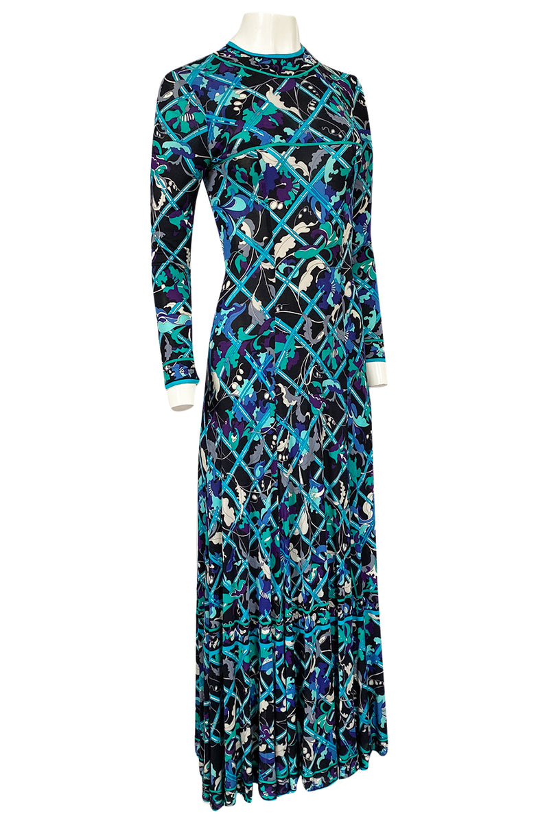 Gorgeous 1960s Emilio Pucci Blue Lattice Print Silk Jersey Maxi Dress Shrimpton Couture Gorgeous 1960s Emilio Pucci Blue Lattice Print Silk Jersey Maxi Dress Shrimpton Couture