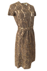 Early 1950s Unlabeled Taupe Ribbon Tape and Net Sheat Dress & Belt