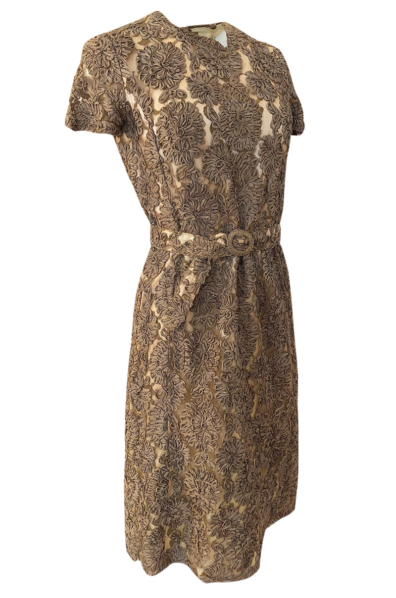 Early 1950s Unlabeled Taupe Ribbon Tape and Net Sheat Dress & Belt