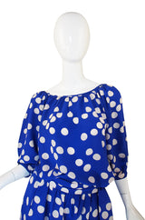 1970s Ted Lapidus Blue Silk Dot Dress
