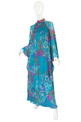 1970s Hanae Mori Flowing Turquoise Silk Chiffon Caftan Dress