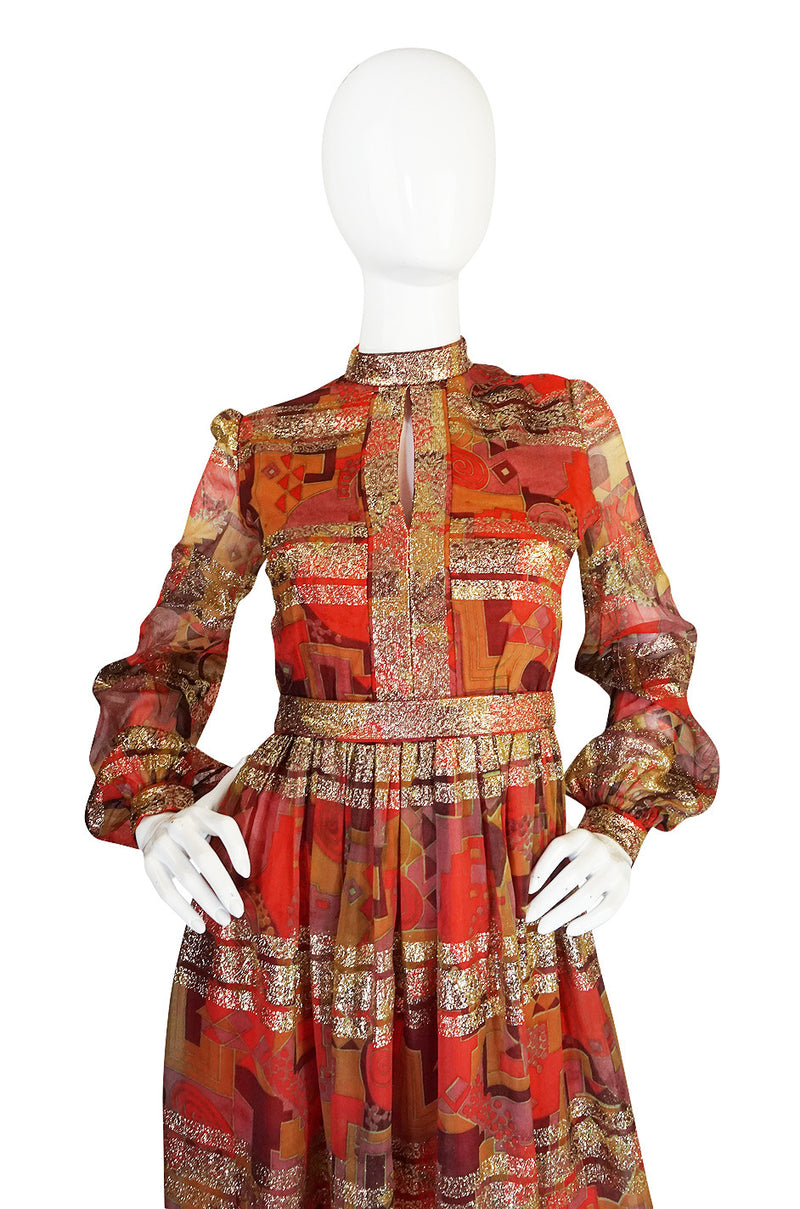 1960s Metallic Malcolm Starr Printed Organza Dress