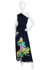1970s Unlabelled Mac Tac Printed One Shoulder Navy Dress