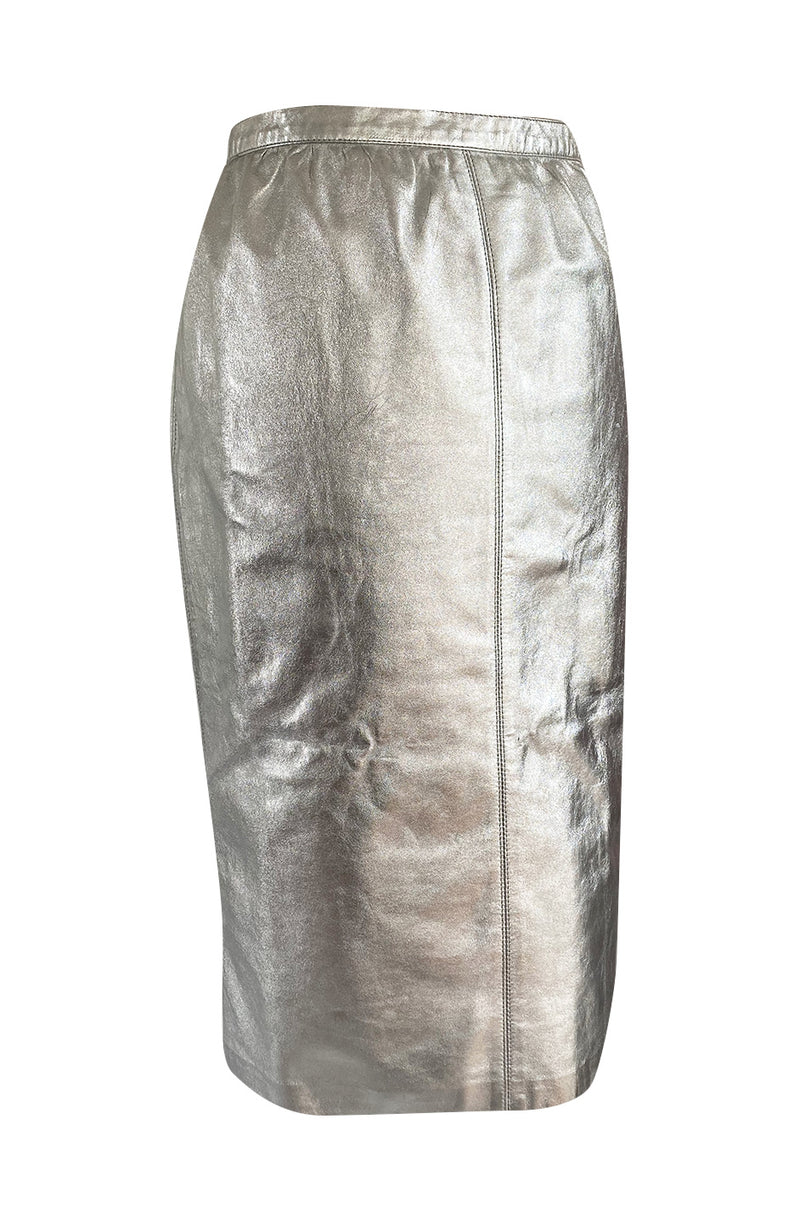 Spring 1982 Yves Saint Laurent Metallic Silver Leather Pencil Cut Skirt