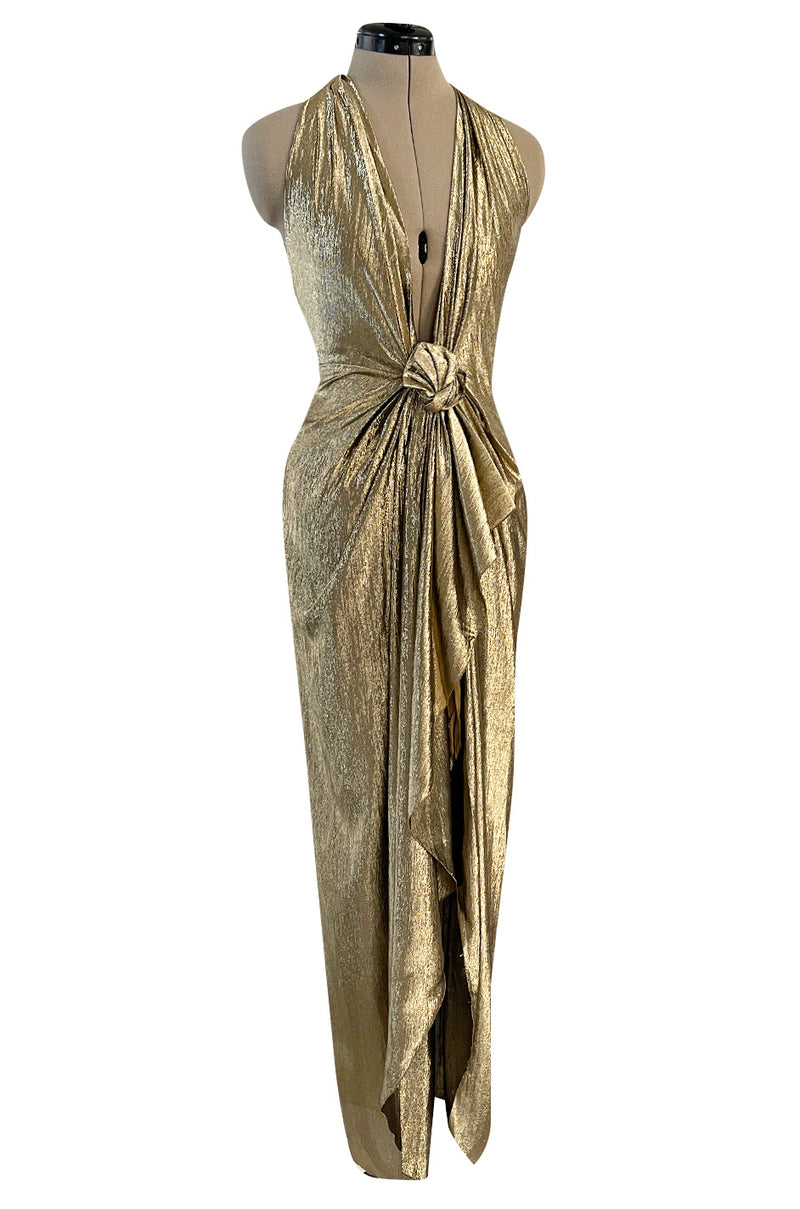 Iconic Fall 1980 John Anthony Couture Plunge Front Gold Lame Halter Dress w Bare Back Iconic Fall 1980 John Anthony Couture Plunge Front Gold Lame Halter Dress w Bare Back