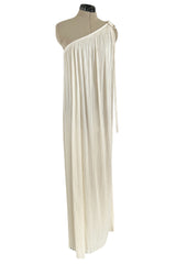 Fabulous 1970s Halston Ivory Pleated One Shoulder Lose & Easy to Wear Dress