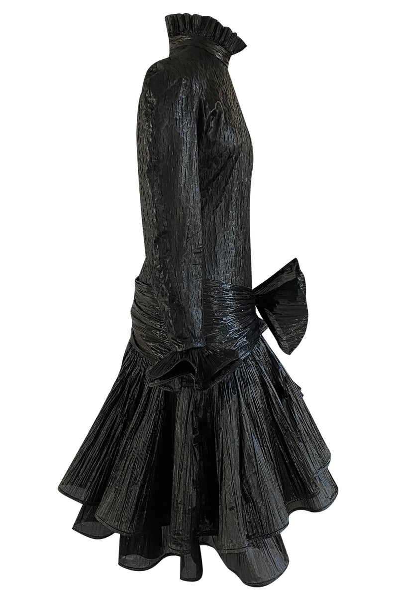 1980s Salvadori Albani Couture Black Textured Silk Lame & Plisse Finish Drop Waist Dress