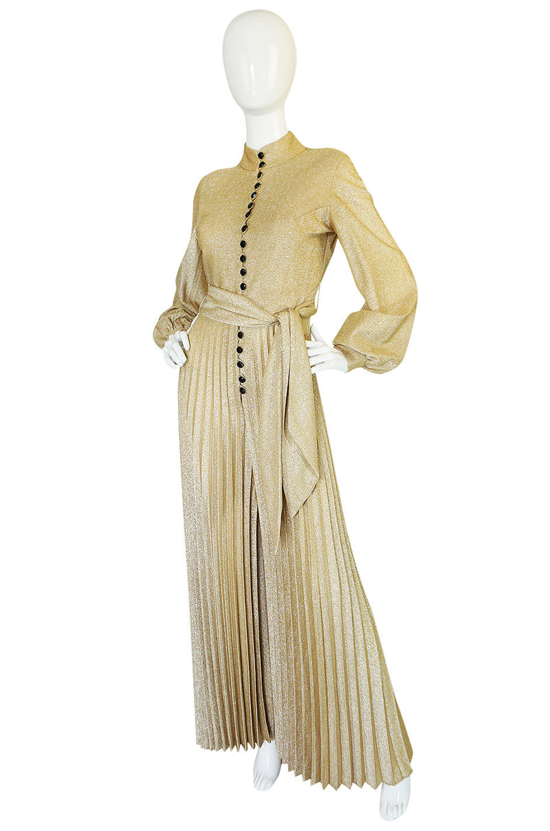 1970s Gold Lame Knit Jumpsuit with Wide Pleated Legs