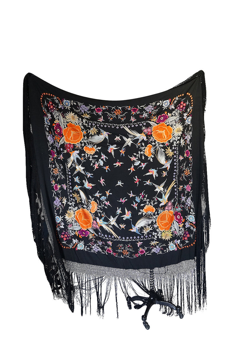 Extraordinary 1920s Embroidered Silk Fringe Piano Shawl