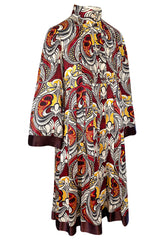 1972 Jean Muir Abstract Printed Silk Satin Dress w Pin Tuck Detailed Bodice