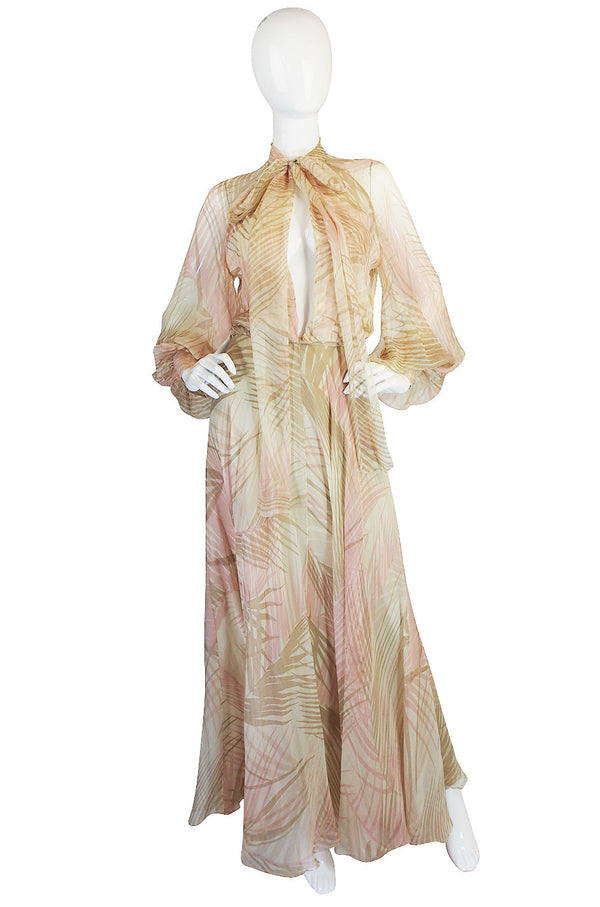S/S 1974 Christian Dior by Marc Bohan Haute Couture Palm Print Silk Plunge Dress