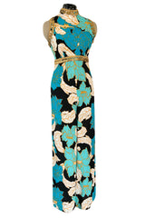 Gorgeous 1960s Unlabeled Tropical Blues Floral Print Jumpsuit w Gold Coin & Cord Detailing