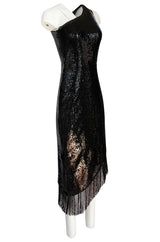 Fall 1974 Bill Blass One Shoulder Glossy Black Sequin Dress with Fringe Hem