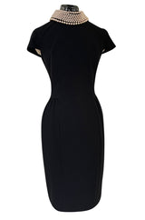 Early 2000s Moschino Cheap & Chic Black Stretch Crepe Dress w Removable Pearl Collar