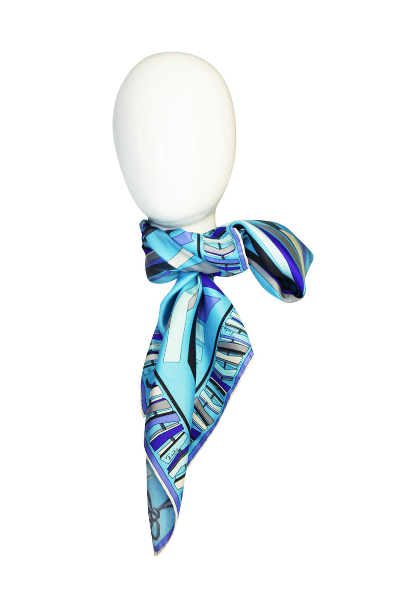 1960s Bright Blue Print Emilio Pucci Silk Scarf