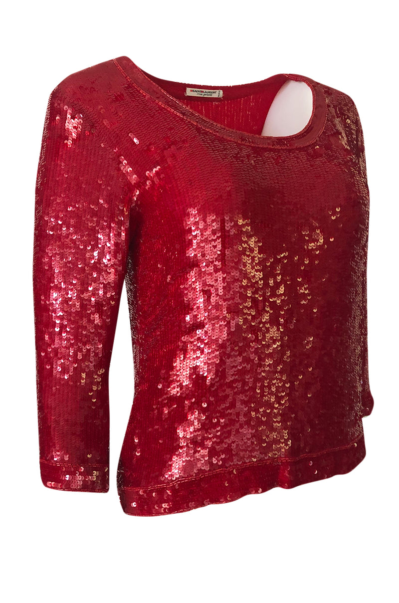 1980s Yves Saint Laurent Densely Covered Red Sequin Tunic Top