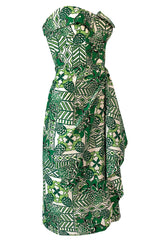 1950s Unlabeled Cotton Hawaiian Green Floral & Pineapple Print Dress