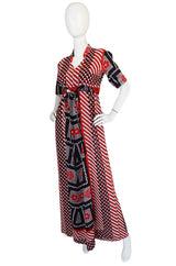 1960s Dramatic Cotton Print Red Maxi Dress
