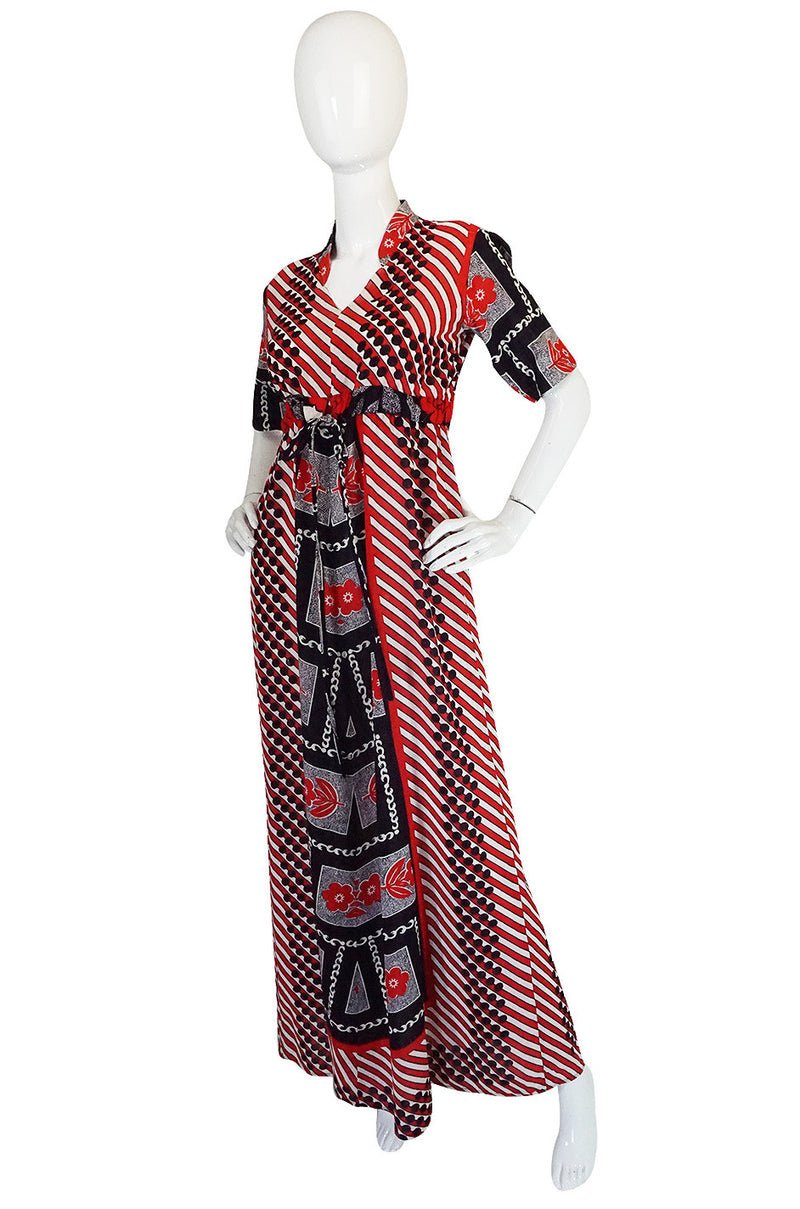 1960s Dramatic Cotton Print Red Maxi Dress