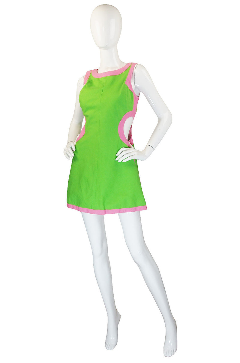 1960s Green & Pink Cut Out Mini Gogo Dress