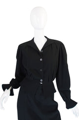 1970s Black Crepe Jean Muir Peplum Suit