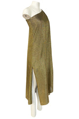 c.1978 Halston One Shoulder Gold Lame Jersey Full Length Maxi Dress