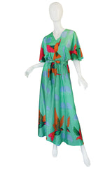1970s Hanae Mori Green & Tropical Bird Caftan Dress