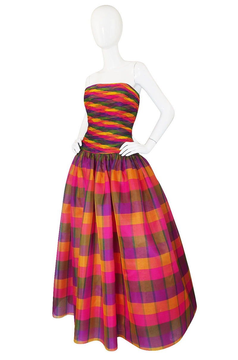 1980s Multi Color Silk Organza Strapless Gown