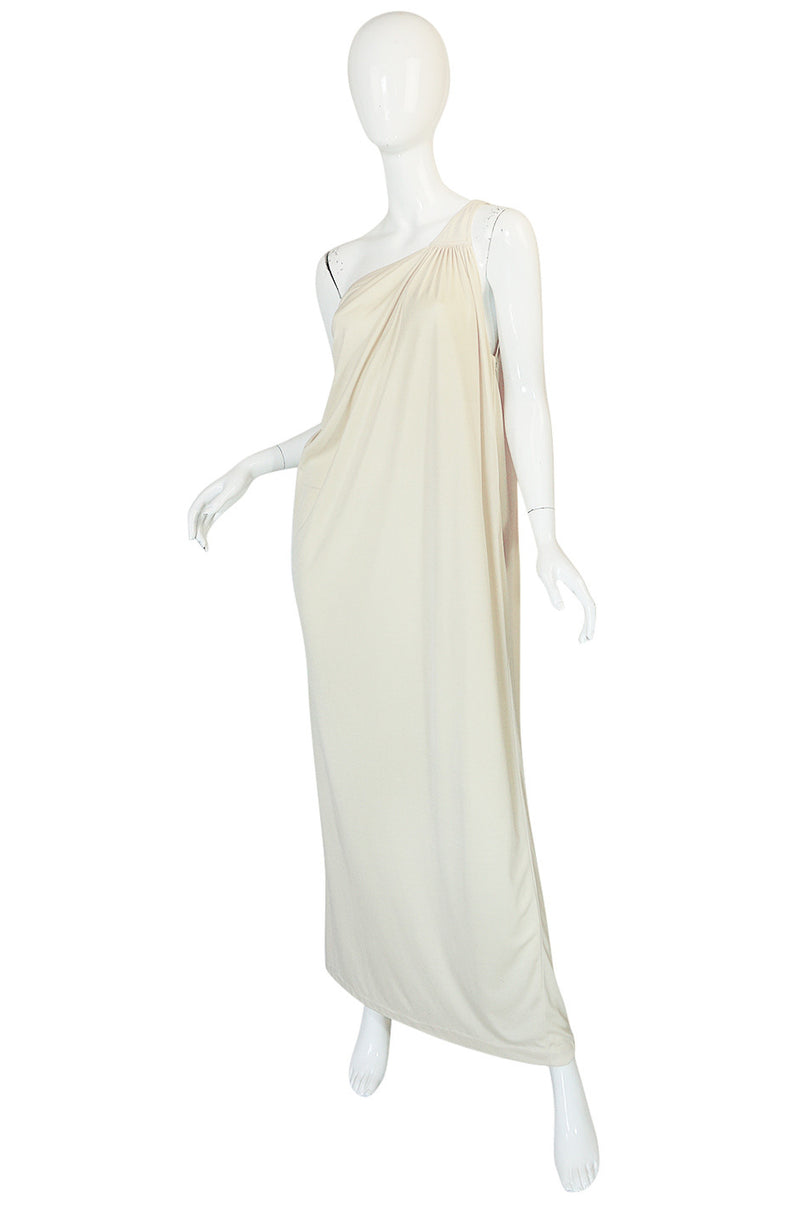 1970s Yuki One Shoulder Draped Cream Jersey Dress
