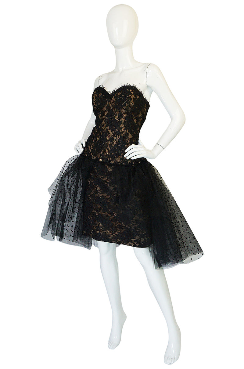 1980s Victor Costa Fitted Lace Dress w Dotted Tulle Overskirt