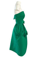 1950s Suzy Perette Emerald Green Strapless Full Skirted Dress w 3D Flower Detailing