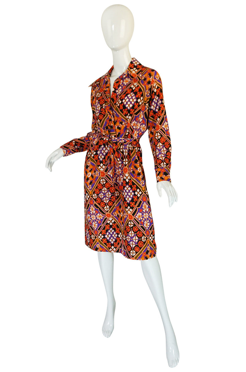 Chic 1970s Belted Coral Print Lanvin Shirt Dress