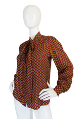 1970s Yves Saint Laurent Pretty Floral Silk Tie Neck Top