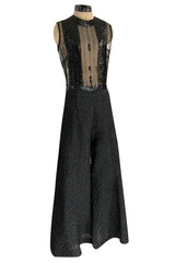 Amazing 1960s Jean Varon Sheer Sequin Bodice Jumpsuit w Wide Textured Pants