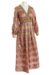 1960s Possible OLDR Metallic Pink & Gold Organza Dress w Gold Braid & Rhinestones