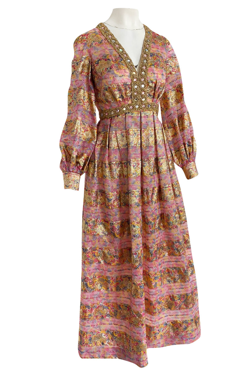 1960s Possible OLDR Metallic Pink & Gold Organza Dress w Gold Braid & Rhinestones