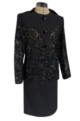 1980s Ady Couture Lausanne Transparent Lace & Sequin Jacket Suit w Black Pencil Skirt