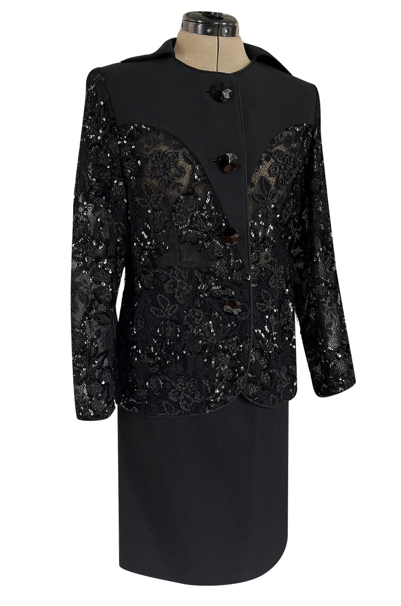 1980s Ady Couture Lausanne Transparent Lace & Sequin Jacket Suit w Black Pencil Skirt