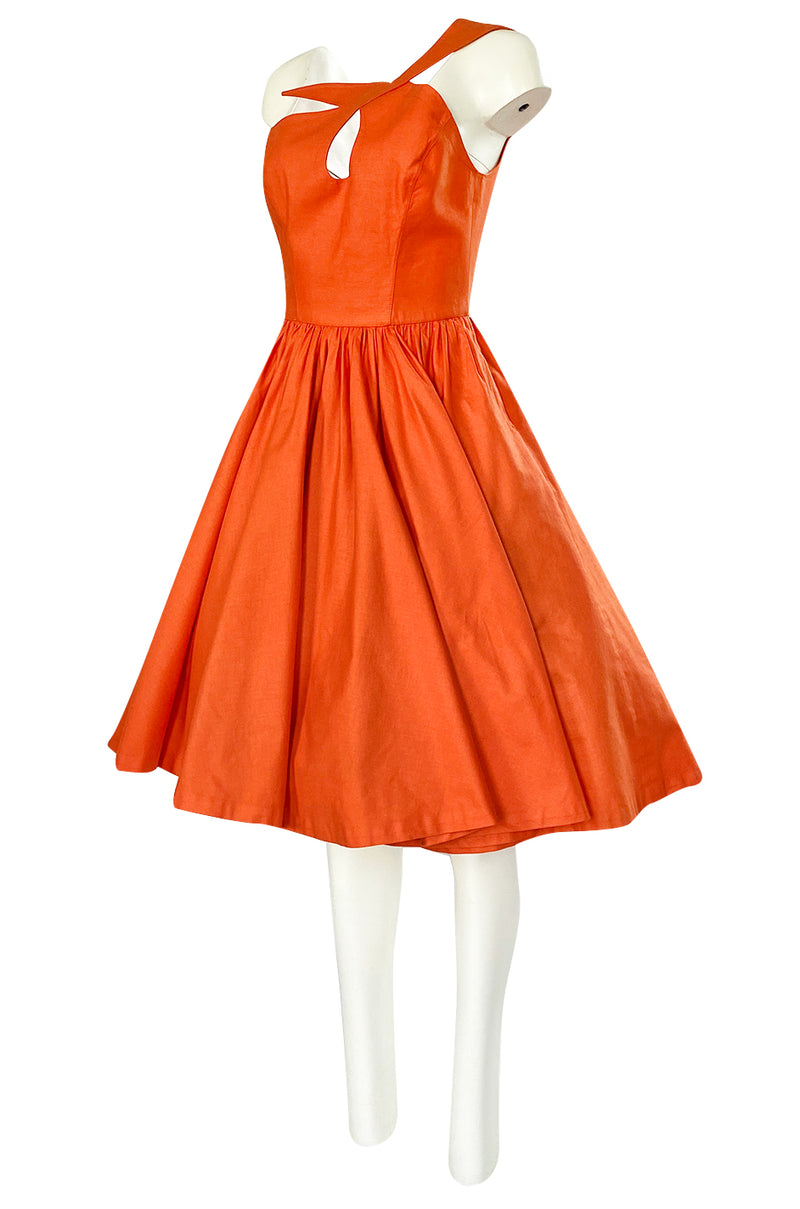 1980s Thierry Mugler One Shoulder Sculpted Orange Cotton Dress