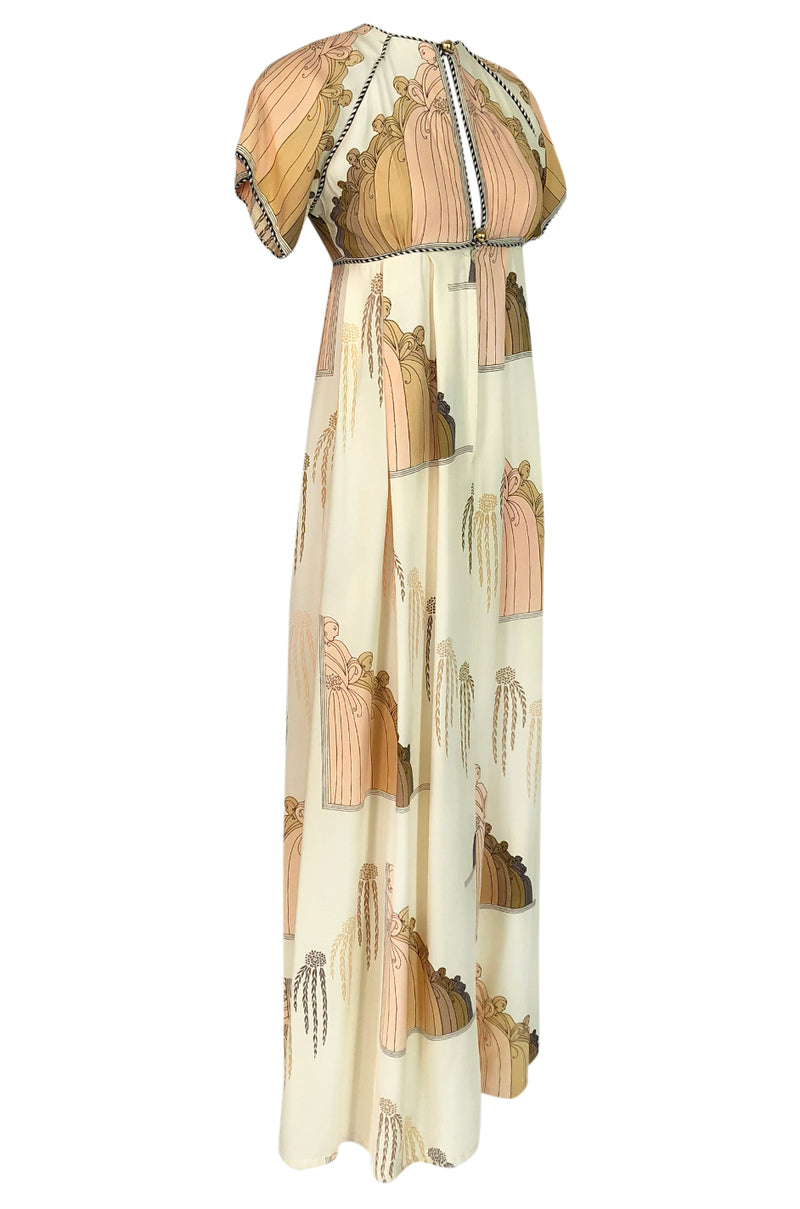 1960s Jean Varon Slit Front Empire Waist Art Deco Print Dress